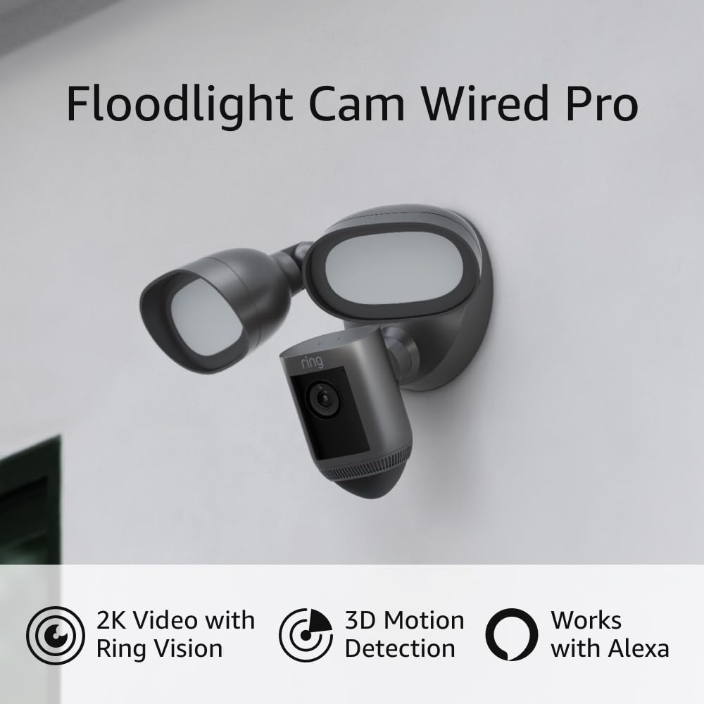 Ring Floodlight Cam Wired Pro with Bird’s Eye View and 3D Motion Detection, White