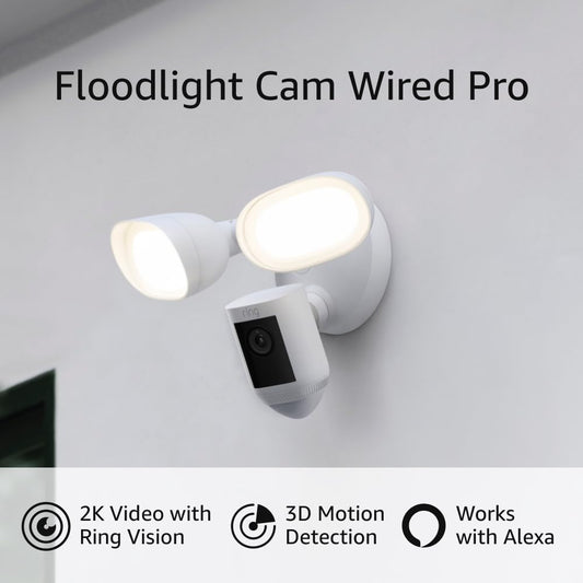 Ring Floodlight Cam Wired Pro with Bird’s Eye View and 3D Motion Detection, White