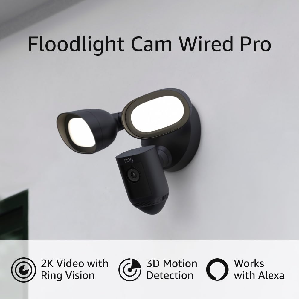 Ring Floodlight Cam Wired Pro with Bird’s Eye View and 3D Motion Detection, White