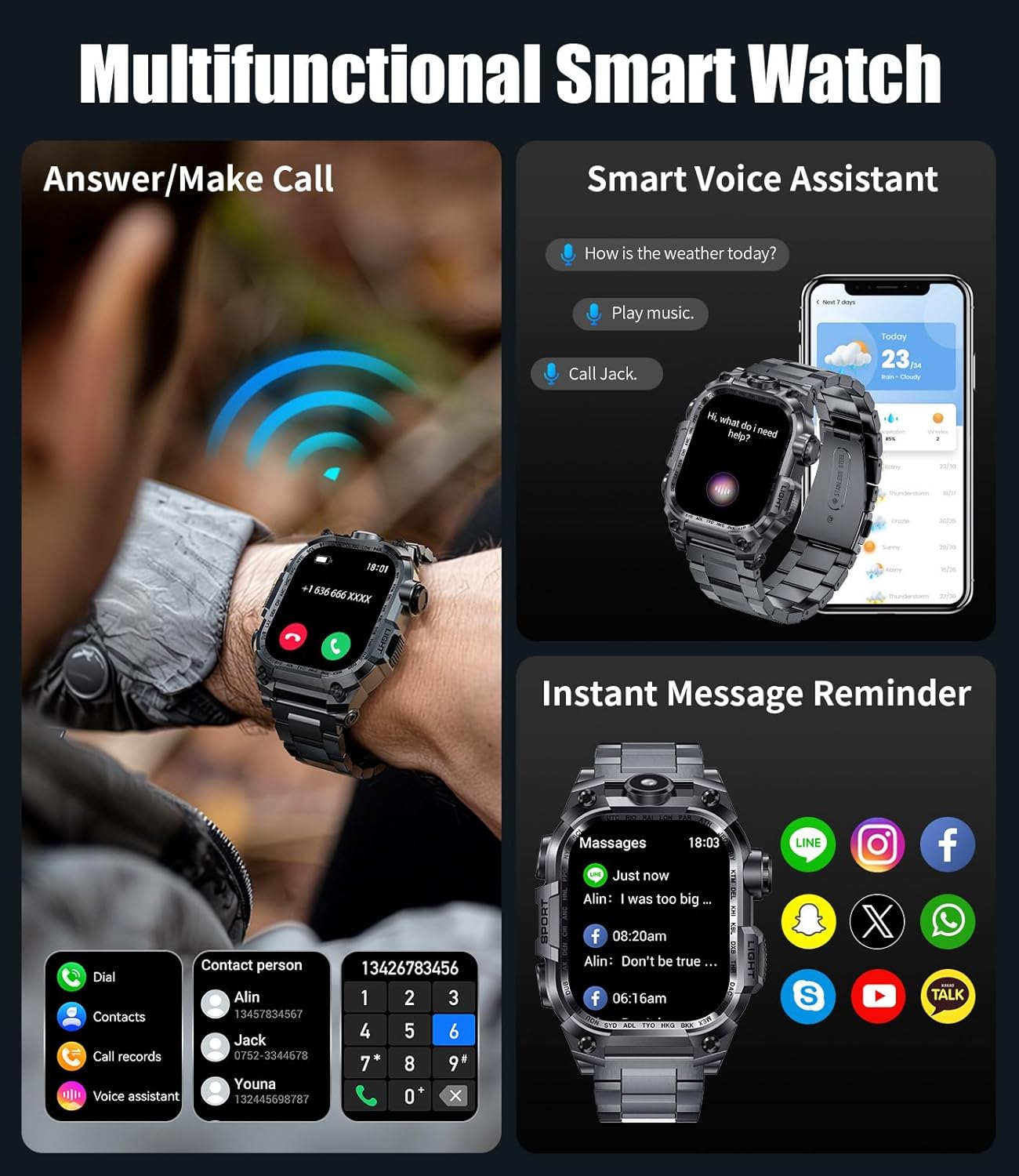 Military Smart Watches for Men(Answer/Make Calls),2.01"HD Screen Outdoor Sports Smartwatch with LED Flashlight,700mAh Battery,Heart Rate/Sleep Monitor Fitness Tracker for Android iOS,100+Sport Modes