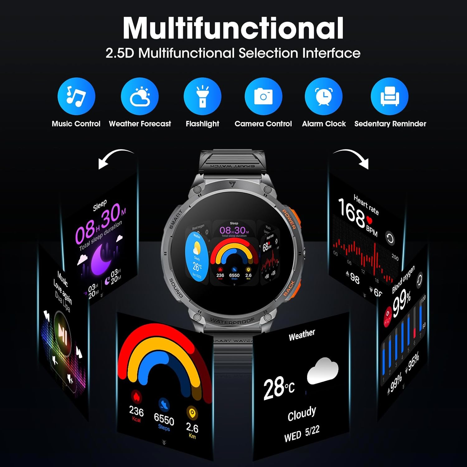 Military Smart Watch for Men 1.85" HD Touch Screen 730mAh Battery Smart Watches with LED Flashlight for Android iOS （Bluetooth Call Answer/Dial Calls） Fitness Tracker with Heart Rate Blood