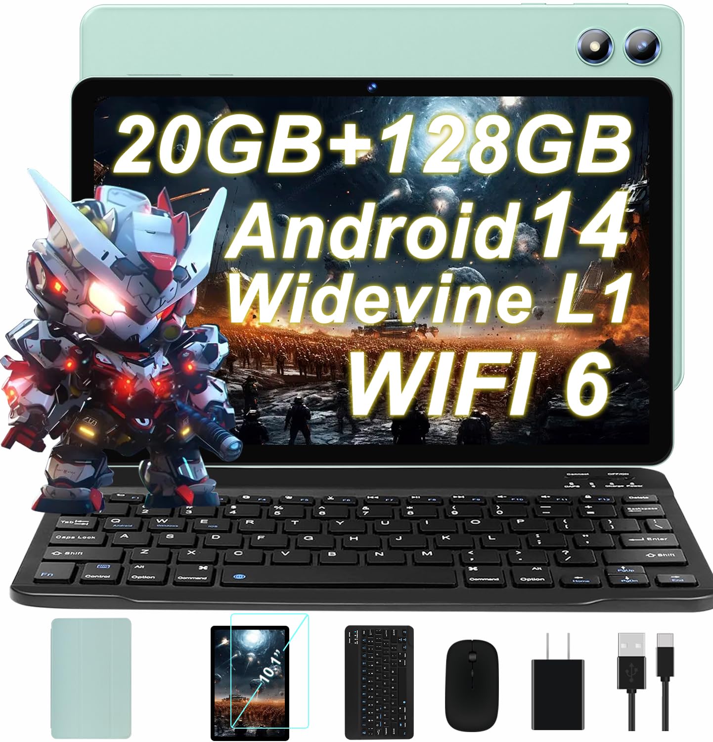 2025 Android 14 Tablet 20GB RAM 128GB ROM 1TB Expand, 10 Inch Octa-Core Tablets with 5G WIFI 6, Tablet with Keyboard, Mouse, Case, 6000mAh Battery, HD IPS Display, Widevine L1, Split Screen -Grey