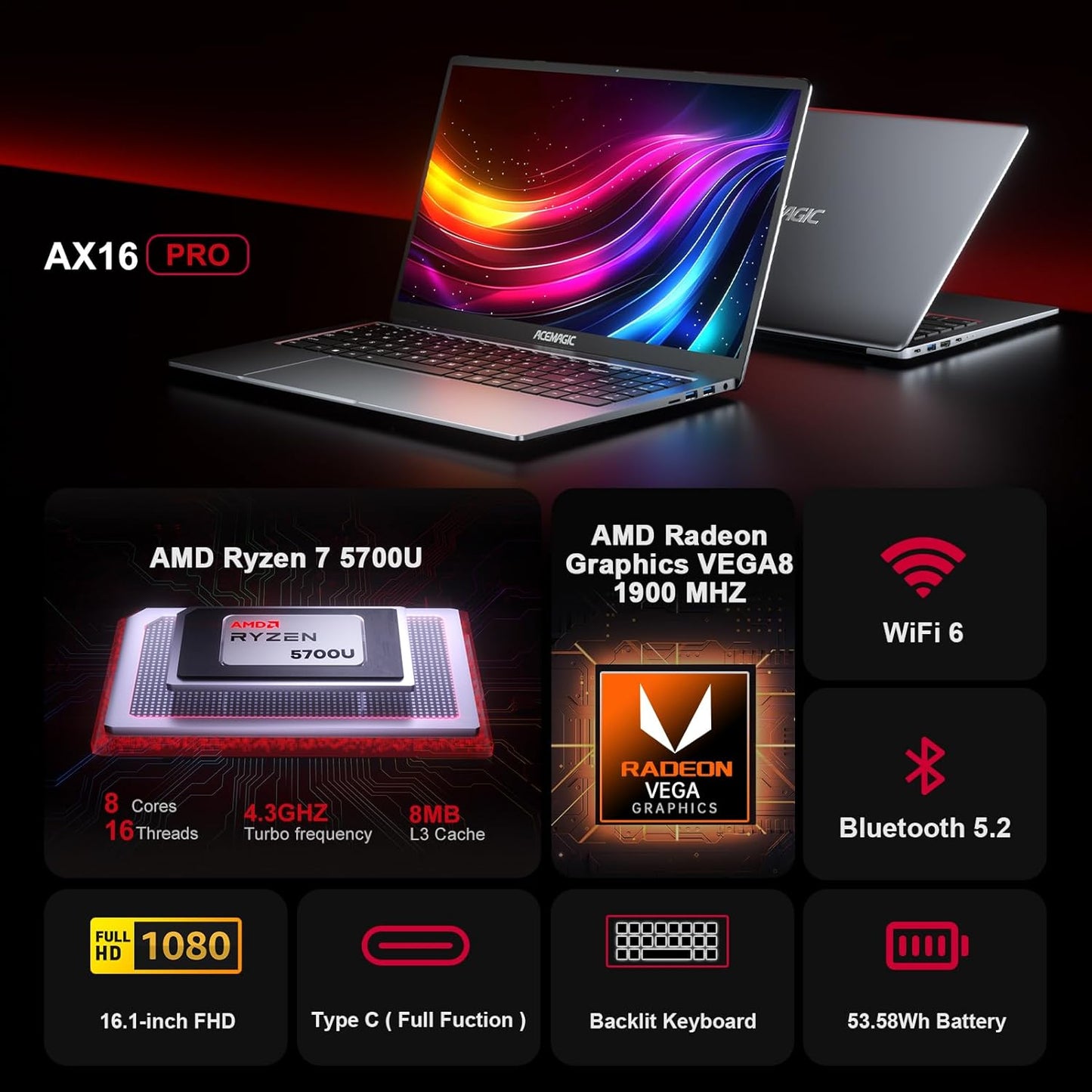 ACEMAGIC 2025 Gaming Laptop with Backlit Keyboard, 16.1-inch FHD Display Laptop with AMD Ryzen 7 5700U Processor(8C/16T), 16GB RAM 512GB ROM Laptop Computer, Support WiFi 6, 53Wh Battery