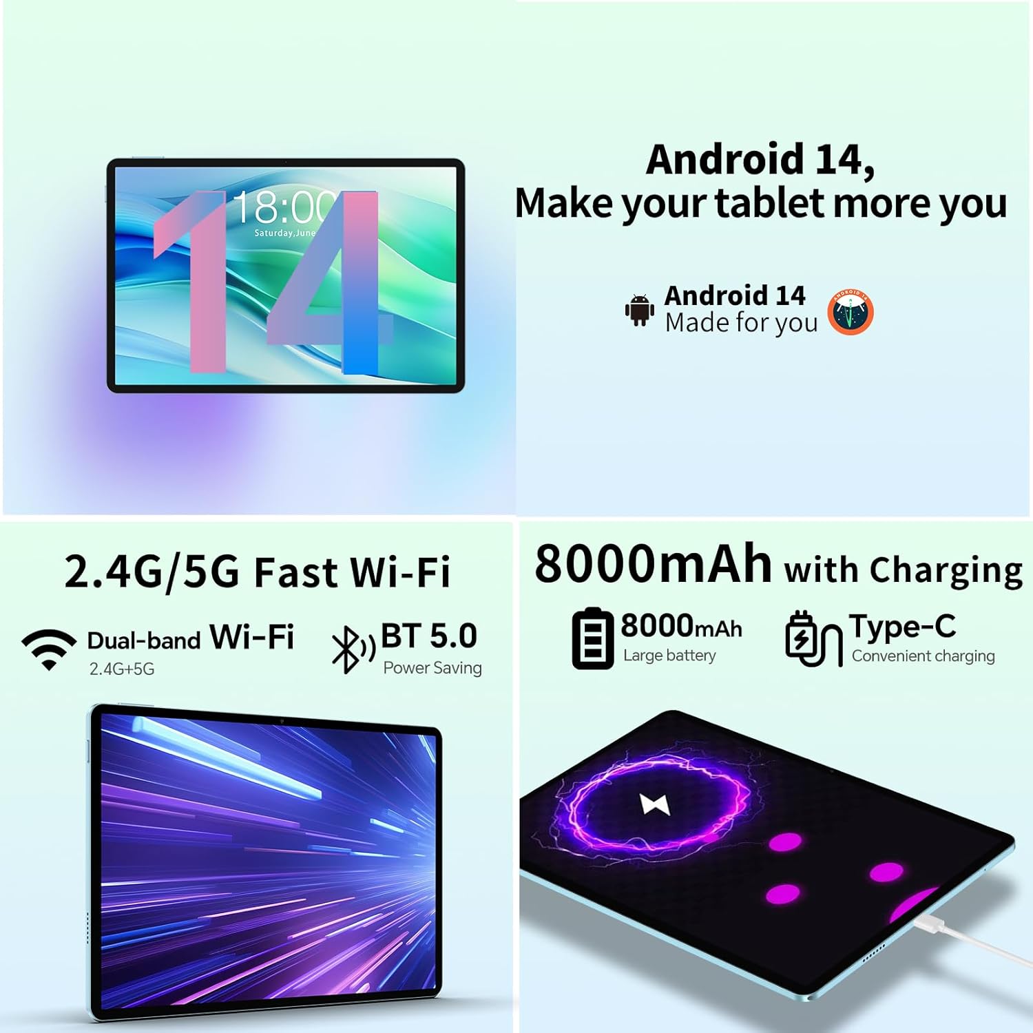 TECLAST Tablet 11 inch Android 14 Tablets, P50 14GB+128GB,1TB Expand, Widevine L1 Compatible 8-Core Tablet with 5G WiFi, 8000mAh Battery, 13MP Camera, 11" IPS Big Screen, GPS