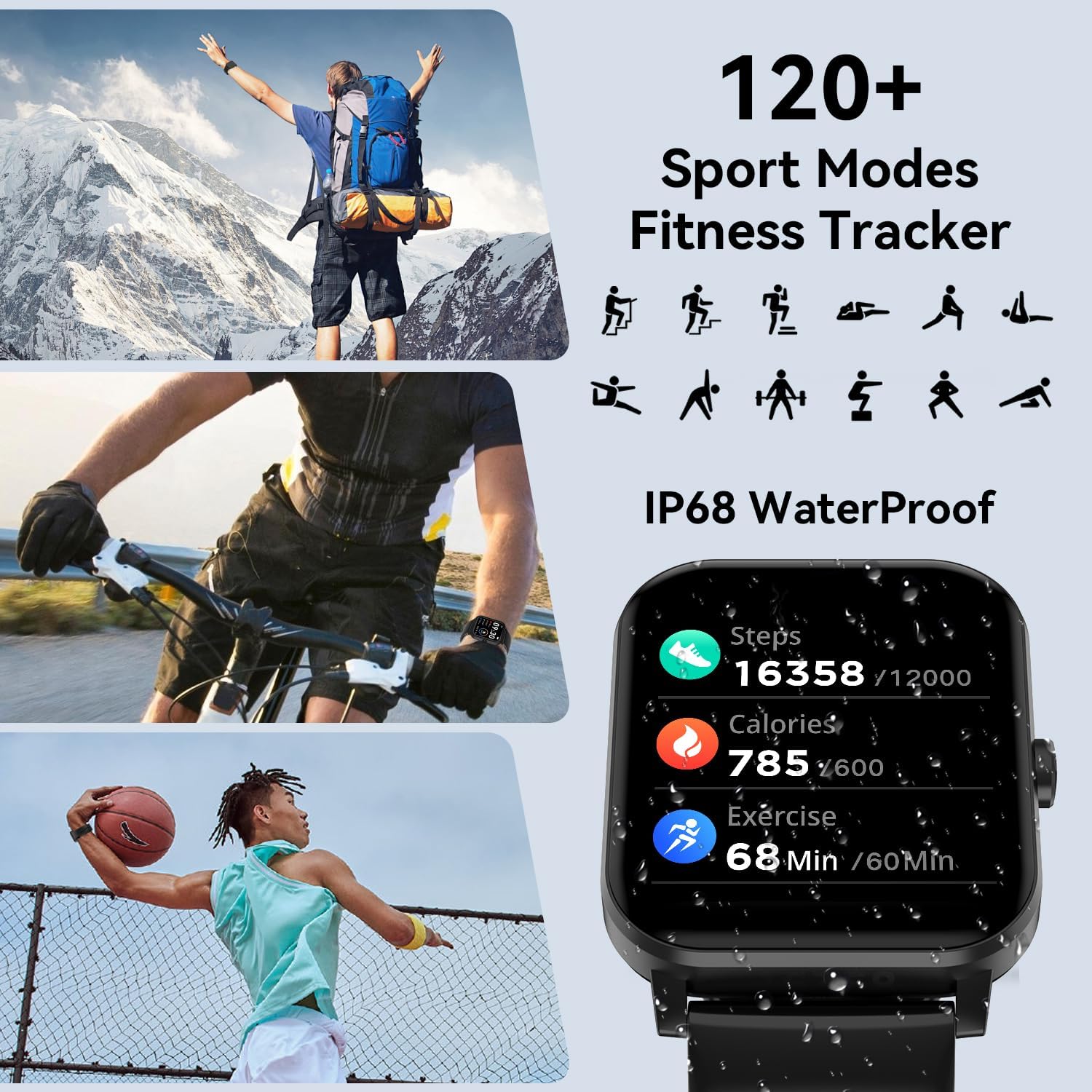 Smart Watch, 1.85" Smartwatch for Men Women (Answer/Make Call), Heart Rate, Sleep Monitor, Pedometer, Spo2, Activity Tracker, IP68 Waterproof Fitness Watch for Android iOS (Black)