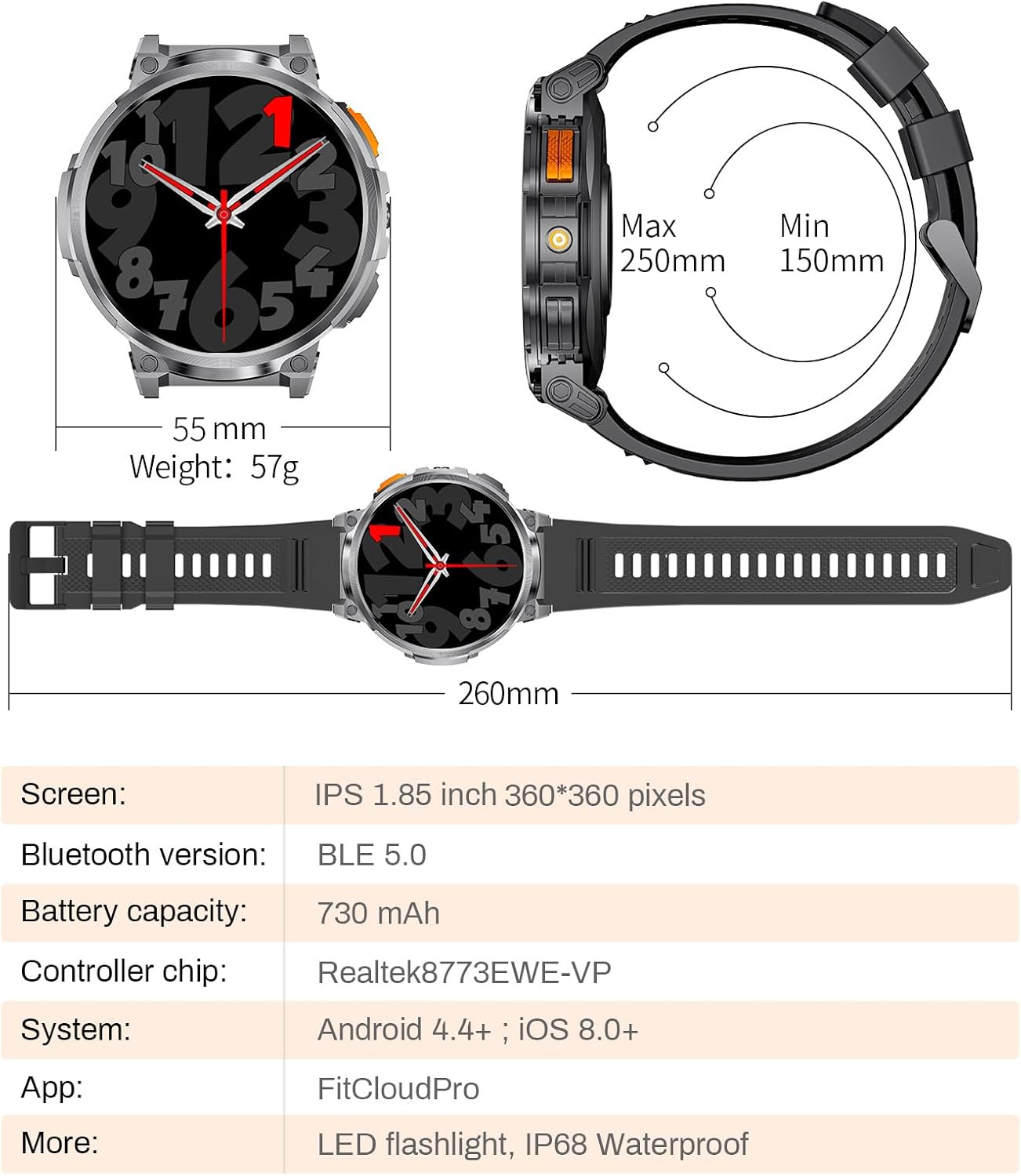 FOXBOX 1.85" IPS Ultra Screen Smartwatch with LED Flashlight for Android iOS, 55mm Military Smart Watches for Men, IP68 Waterproof, Make/Answer Call, 24H Heart Rate, 730mAh, 100+ Sports