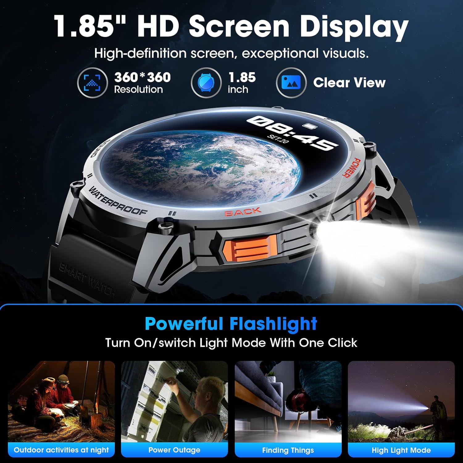 Military Smart Watch for Men 1.85" HD Touch Screen 730mAh Battery Smart Watches with LED Flashlight for Android iOS （Bluetooth Call Answer/Dial Calls） Fitness Tracker with Heart Rate Blood