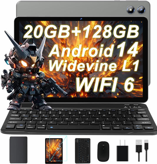 2025 Android 14 Tablet 20GB RAM 128GB ROM 1TB Expand, 10 Inch Octa-Core Tablets with 5G WIFI 6, Tablet with Keyboard, Mouse, Case, 6000mAh Battery, HD IPS Display, Widevine L1, Split Screen -Grey