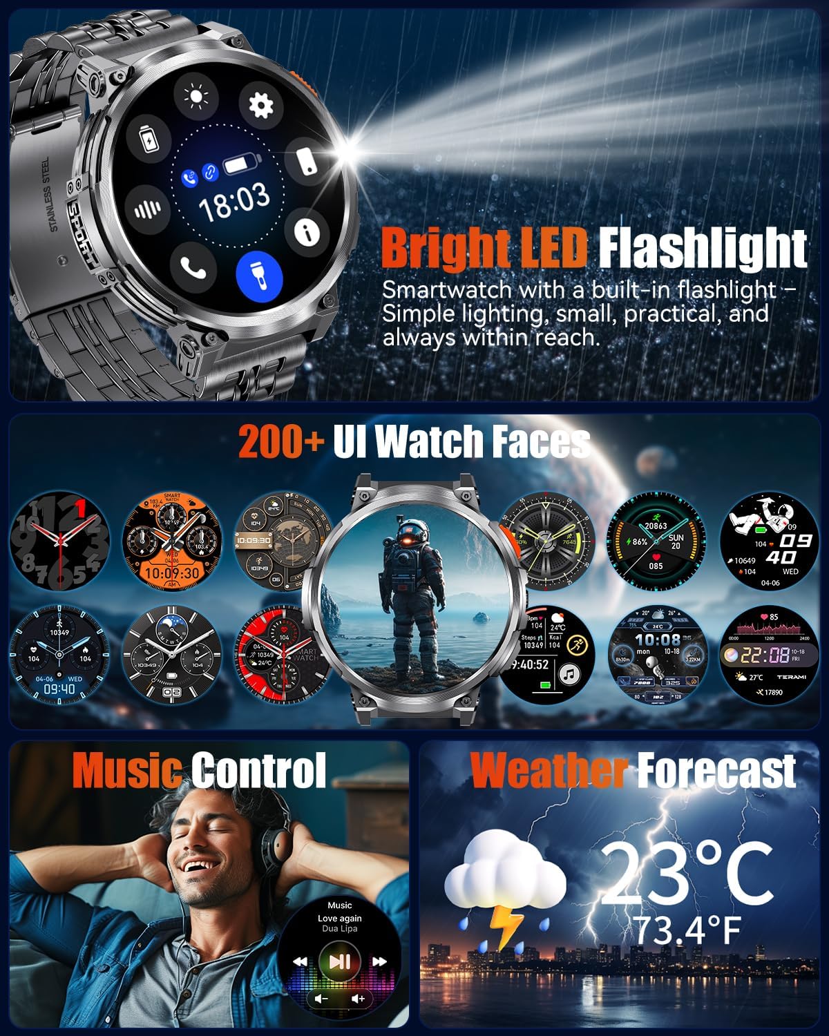 1.85" Big Screen Military Smart Watch for Men with Flashlight, 730mAh Large Battery, IP68 Waterproof, Bluetooth Calling, 114 Sports Modes, Heart Rate/Sleep Monitor for iOS Android