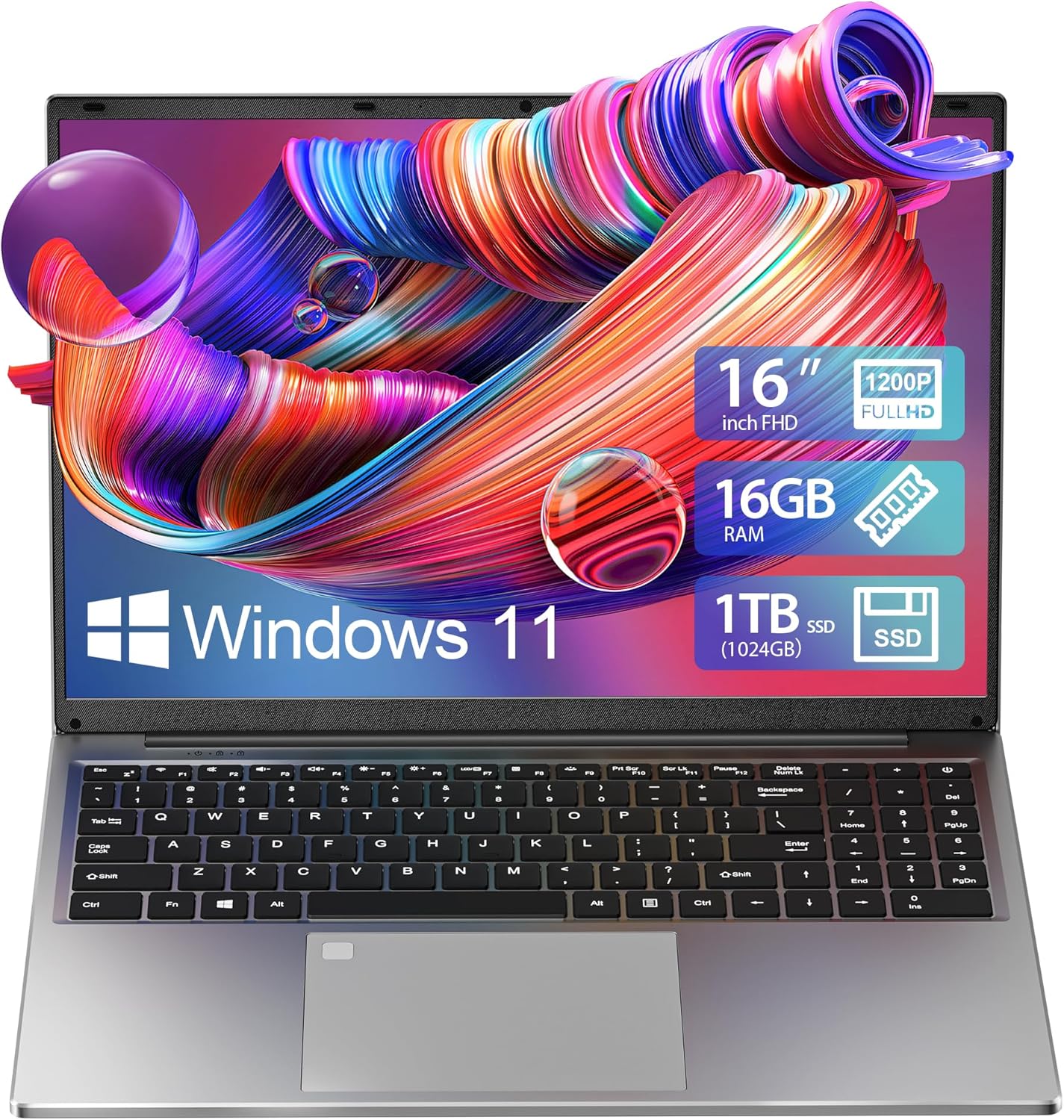 BIGASUO 16 Inch Laptop Computer with 16GB RAM, 1TB SSD, Intel N100 Processor, 1200P IPS Display, Windows 11, Lightweight Notebook with Fingerprint Unlock & Long Battery Life for Business, Study