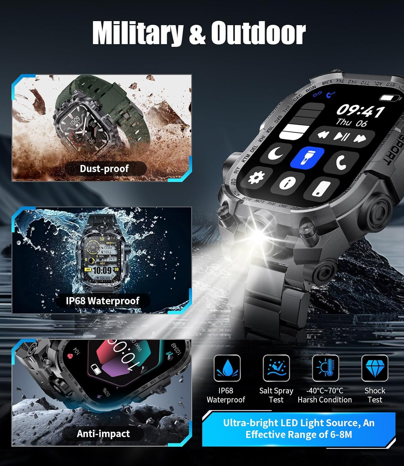 Military Smart Watches for Men(Answer/Make Calls),2.01"HD Screen Outdoor Sports Smartwatch with LED Flashlight,700mAh Battery,Heart Rate/Sleep Monitor Fitness Tracker for Android iOS,100+Sport Modes