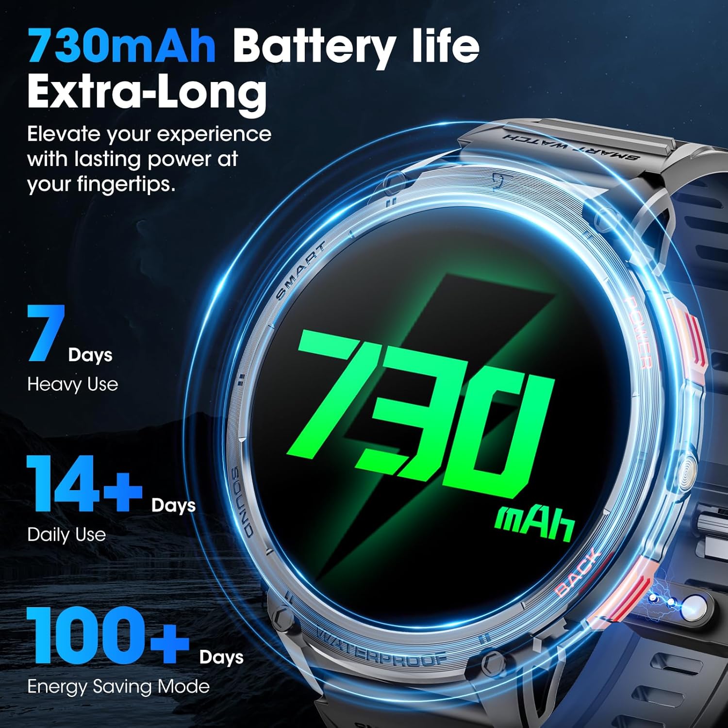 Military Smart Watch for Men 1.85" HD Touch Screen 730mAh Battery Smart Watches with LED Flashlight for Android iOS （Bluetooth Call Answer/Dial Calls） Fitness Tracker with Heart Rate Blood