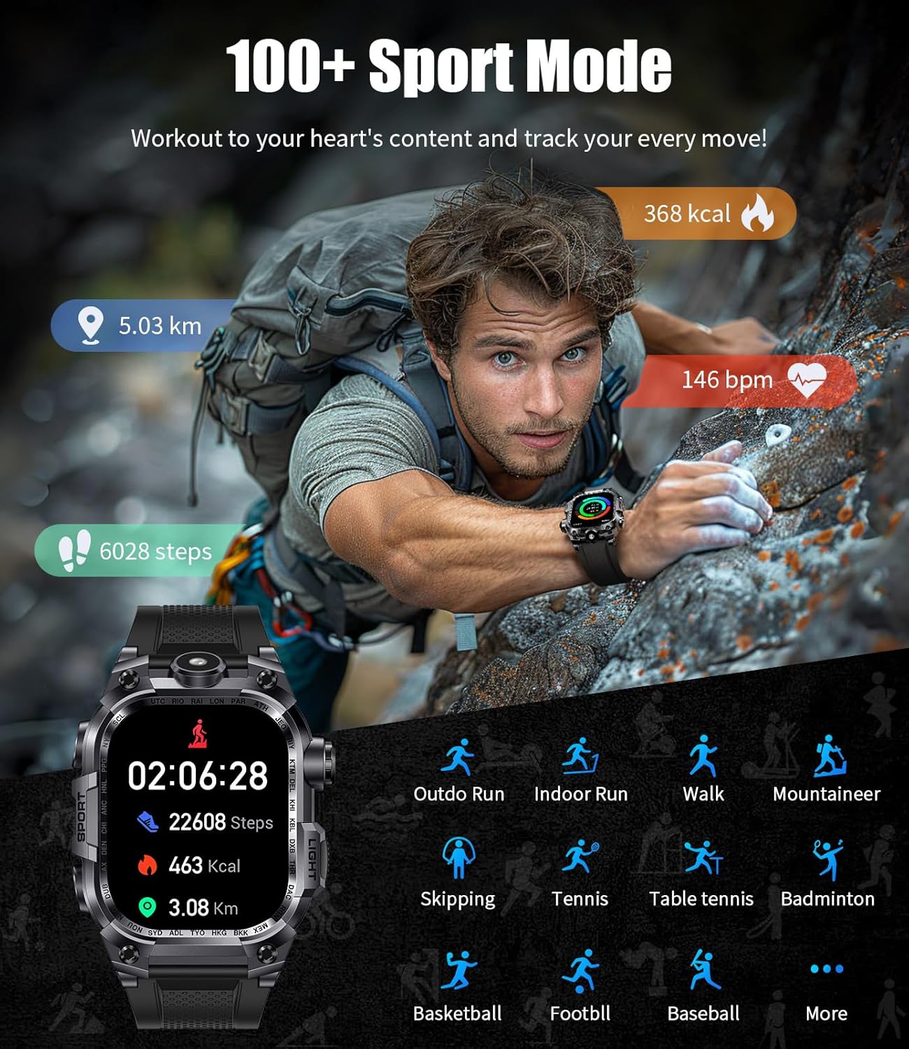 Military Smart Watches for Men(Answer/Make Calls),2.01"HD Screen Outdoor Sports Smartwatch with LED Flashlight,700mAh Battery,Heart Rate/Sleep Monitor Fitness Tracker for Android iOS,100+Sport Modes