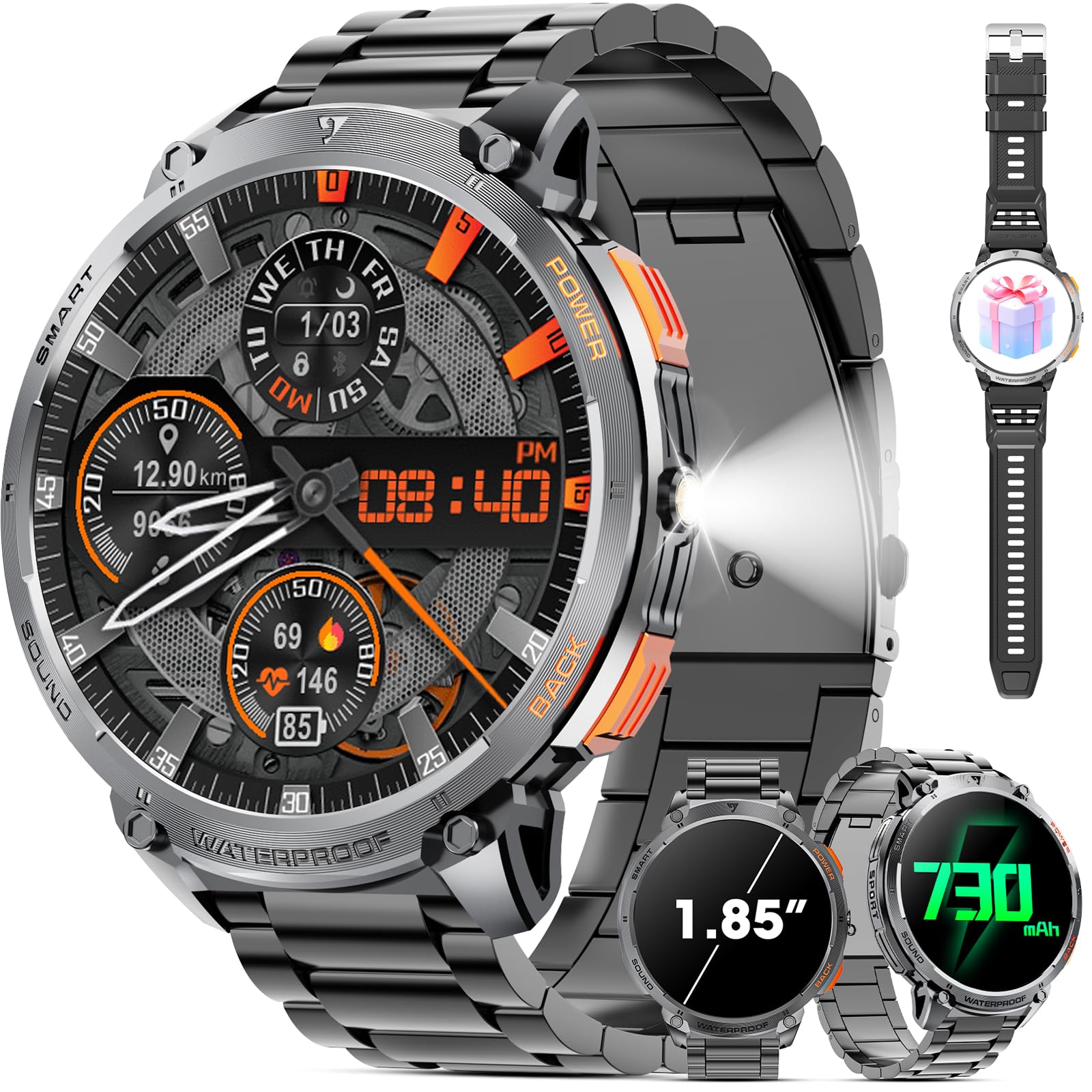 Military Smart Watch for Men 1.85" HD Touch Screen 730mAh Battery Smart Watches with LED Flashlight for Android iOS （Bluetooth Call Answer/Dial Calls） Fitness Tracker with Heart Rate Blood